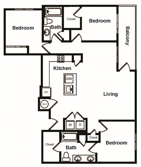 Floor plan for 3 beds, 2 baths, 1425 sqft